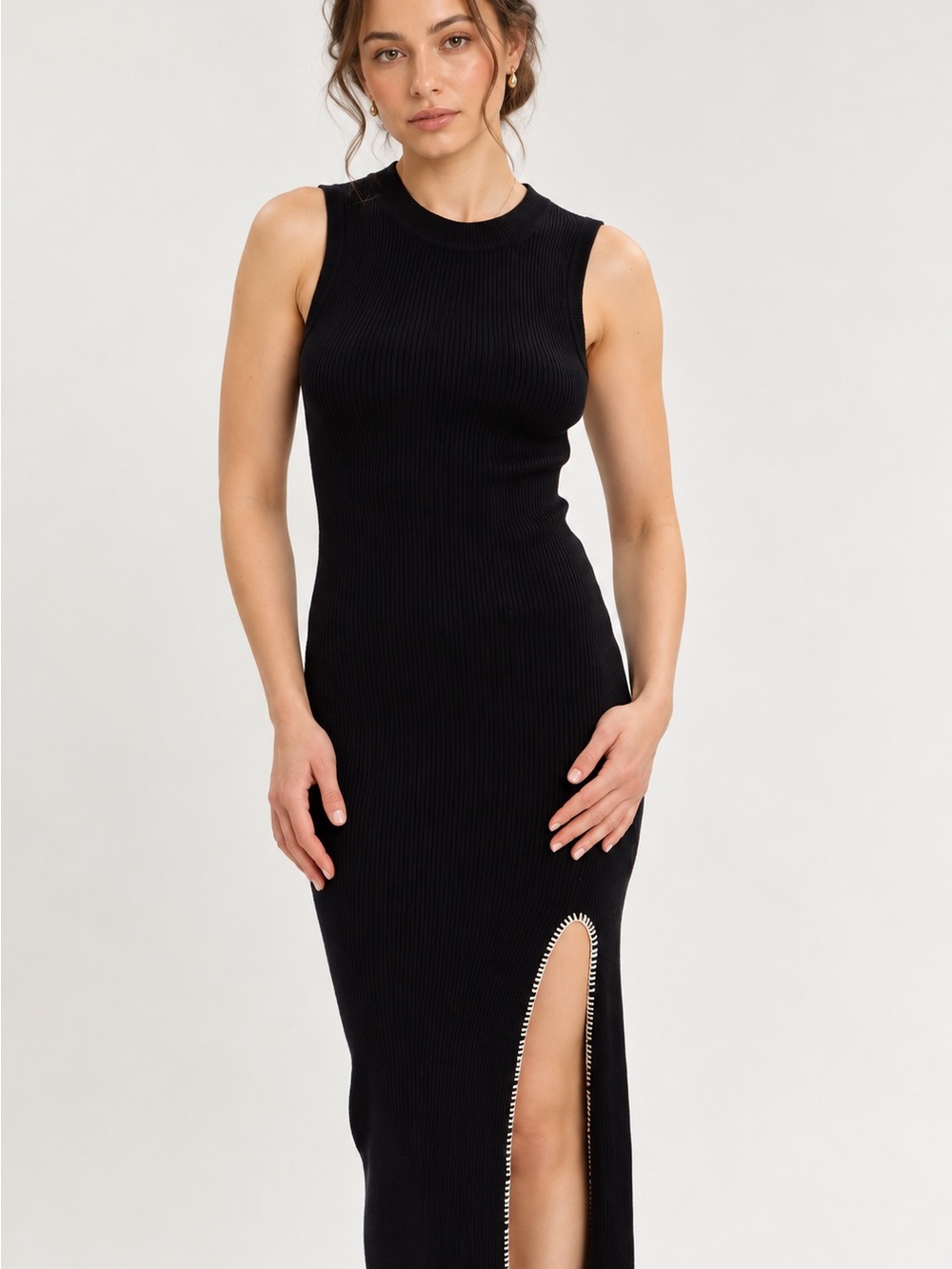Black Ribbed Knit Maxi Dress Contrast Bow Back Sleeveless Side Slit NWT